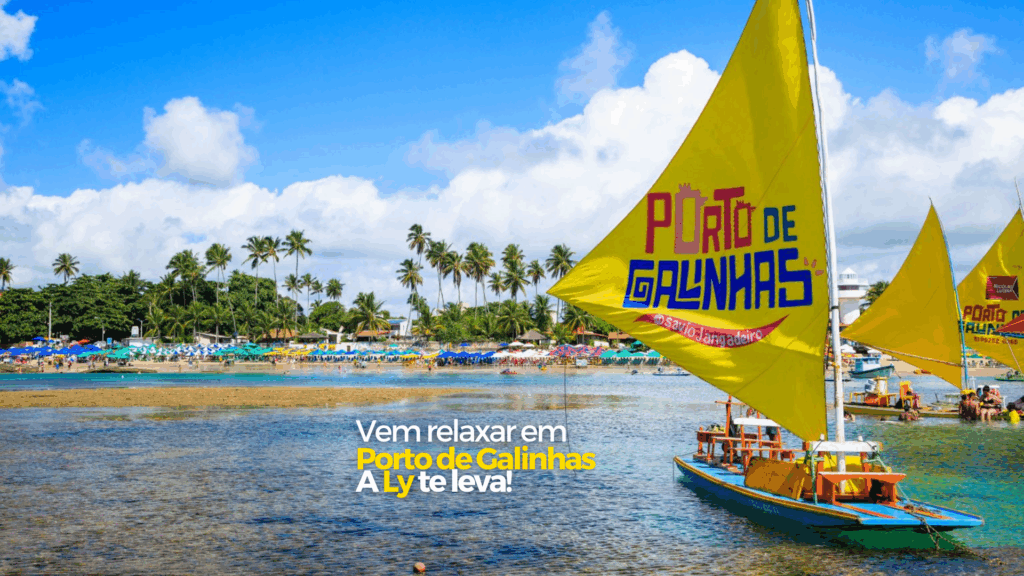 Mostra uma praia em porto de galinhas, ferias, agencia de turismo